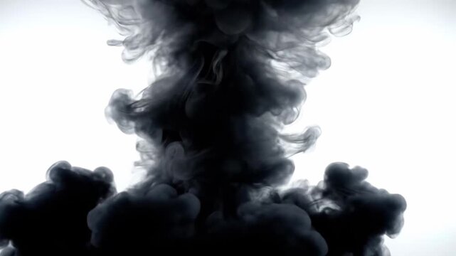 Black smoke rising from the bottom in a dramatic cloud formation against a white background.