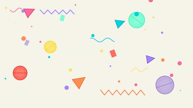 A playful and colorful abstract background featuring various shapes like circles, triangles, and lines
