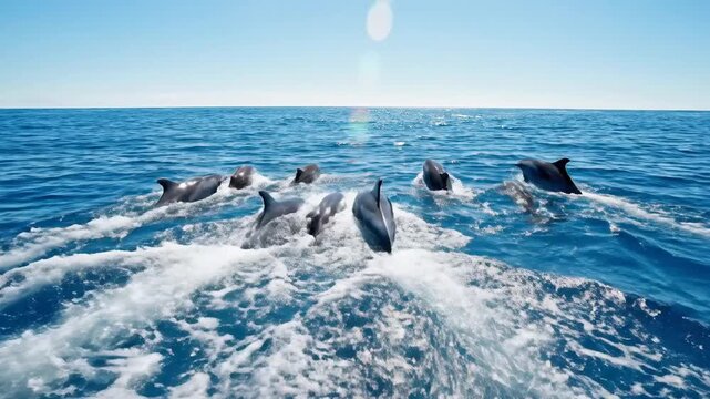 Dolphins Surf the Ocean in Coordinated Jumping Sequence.