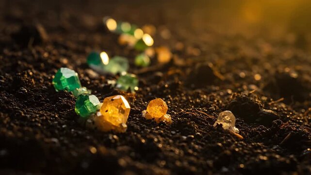 Macro closeup of emerald green gems on soil.