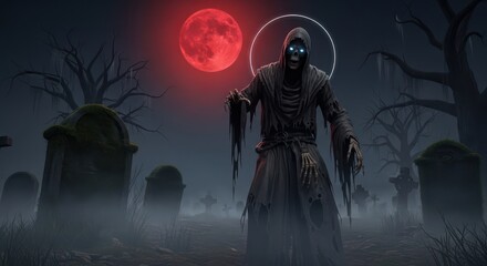 Grim reaper under a blood moon with ethereal glow haunting the foggy cemetery at night