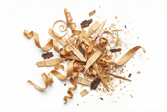 Pile of light brown wood shavings, chips, and bark fragments scattered on a clean white background, viewed from directly above.