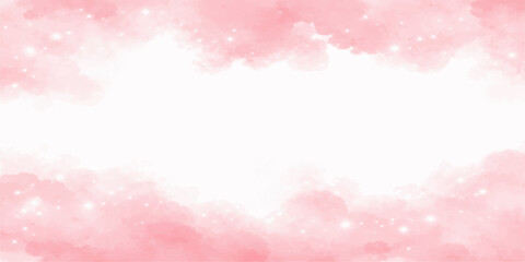 Abstract pink sky background with hearts and bokeh light clouds creates a bright holiday wallpaper design for a romantic Valentine or winter Christmas decoration