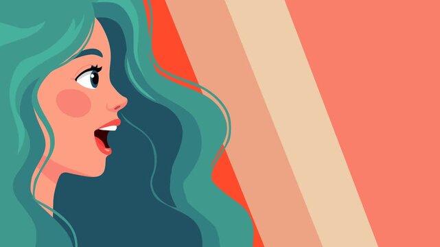 Close up side profile of a young woman with flowing hair and open mouth as if speaking or reacting. Concept of communication, confidence, voice, emotion, self expression, and modern femininity.