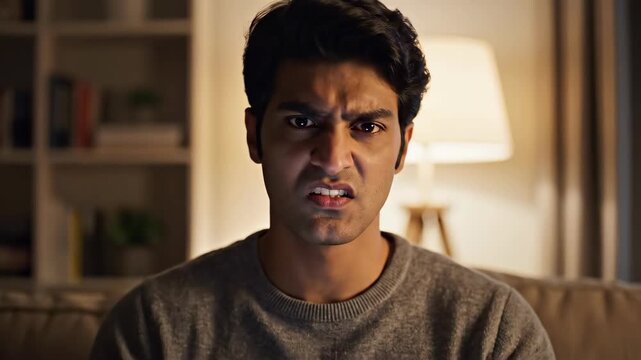 Frustrated young indian man reacting with anger to his smartphone while sitting on a couch at night