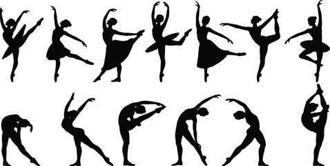 Ballet dancer silhouette collection, graceful ballerina poses classical dance performance illustration isolated set © Mahabur