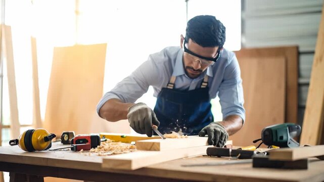 Carpenter working with chisel on wood, sawdust flying, workshop setting