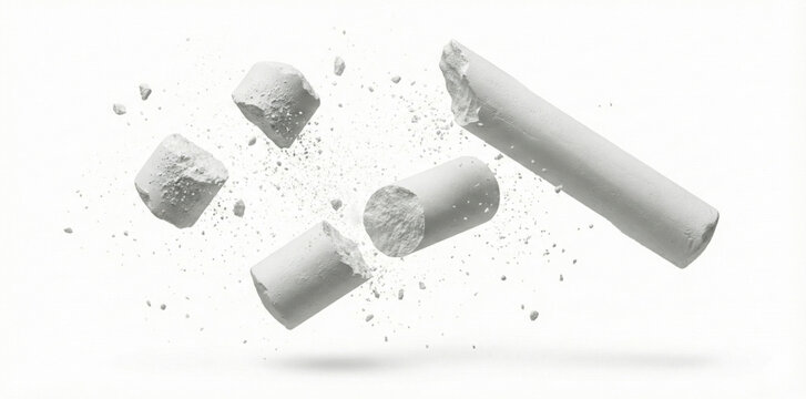 White chalk sticks exploding into pieces with dust particles flying, captured in a dynamic studio shot isolated on a clean white background.