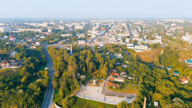 Murom, Russia. City view. Lenin City Park (Oksky Park). Drone footage, Departure of the camera