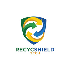 Interlocking circular arrows shield logo for sustainable waste management and environmental protection by RecycShield Tech