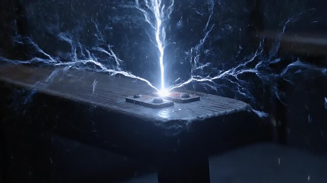 Close-up of a lightning bolt striking a metal object in the dark