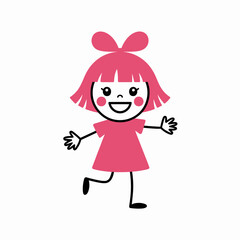 Joyful cartoon girl with pink hair and bow, smiling widely, waving happily and dancing playfully in a simple, clean white studio, representing childhood fun, innocence, happiness, and playful energy,