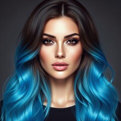 Fototapeta premium Portrait of a young woman with long, wavy hair dyed blue at the ends, wearing makeup and a black top against a dark gray background.