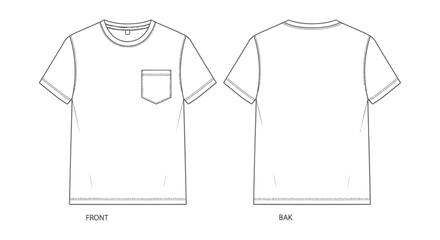 Naklejka premium technical flat sketch of a short sleeve t-shirt with a chest pocket front and back views an apparel vector template for fashion designers.