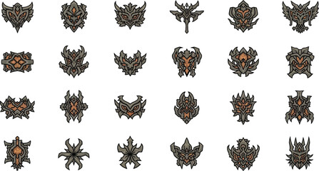 Collection of dark intricate fantasy crests and emblems detailed pixel art icons for game design and digital art projects isolated on white © Muhammad