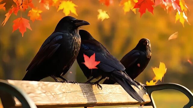 Three black crows perched on a wooden bench in an autumn park with vibrant fall foliage.