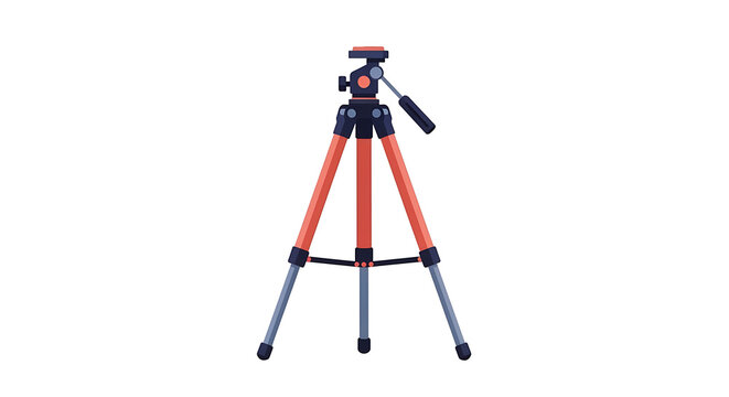 Professional black and orange camera tripod standing upright isolated on transparent background