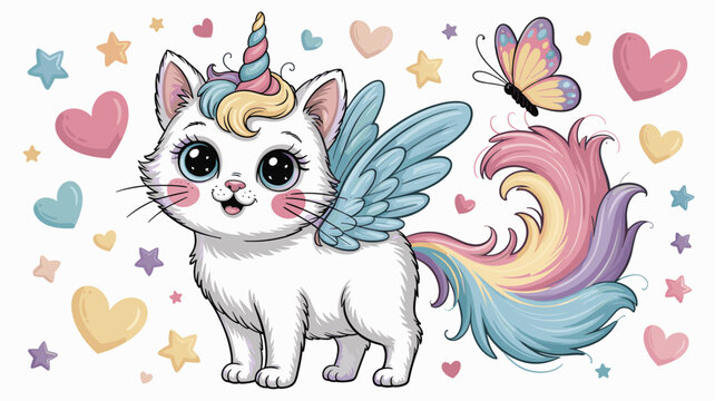 Enchanting white kitten with unicorn horn and pastel rainbow wings, joyfully playing amidst sparkling stars and decorative hearts, symbolizing magic, fantasy, and childhood innocence; perfect for whim