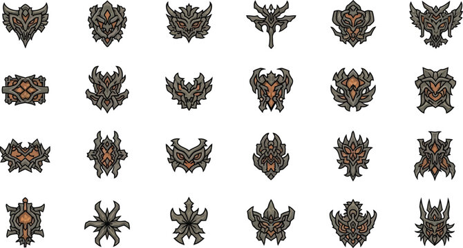 Collection of dark intricate fantasy crests and emblems detailed pixel art icons for game design and digital art projects isolated on white