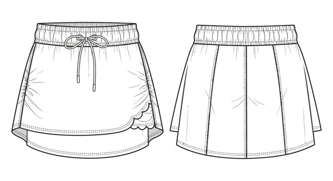 womens athletic skort technical flat drawing highlighting an elasticated waistband decorative front drawstring and unique scalloped hem design.