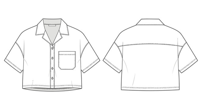 womens cropped short sleeve button-up shirt flat sketch technical drawing with a cuban collar and chest pocket for apparel design.