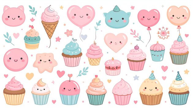 Pastel drawings of smiling hearts, cakes, and shapes with cute faces and party decorations