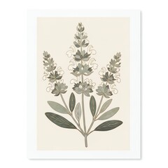 Illustration of a blooming lavender plant with green leaves and flowers on a beige background in a white frame.