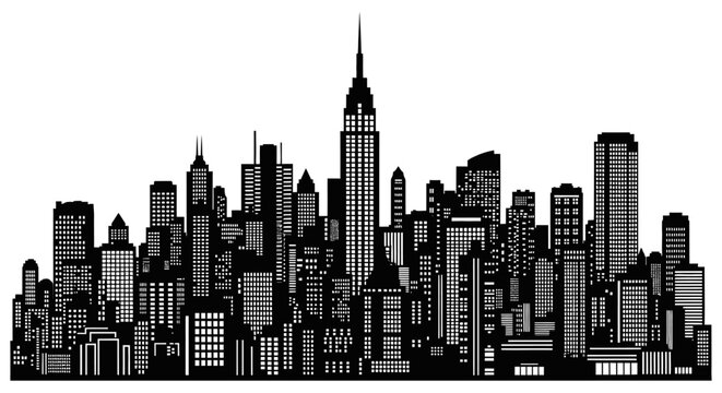 a striking city skyline silhouette vector featuring modern skyscrapers and glowing windows depicting an urban metropolis ideal for graphic design web and architectural themes.