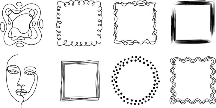 Collection of abstract line art frames and a face illustration minimalist vector elements for design projects isolated on white background