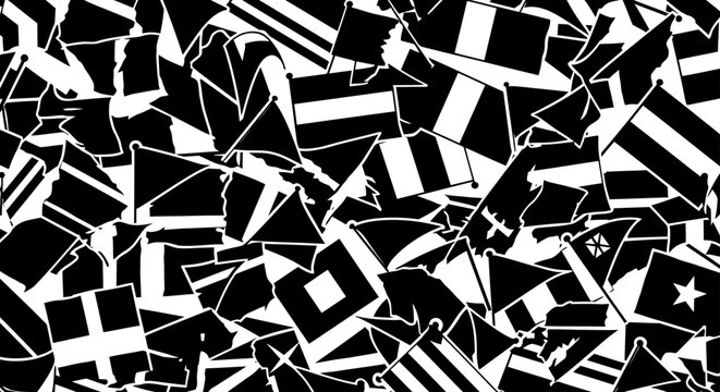 black and white international flags form an abstract seamless pattern background symbolizing global unity and diversity.