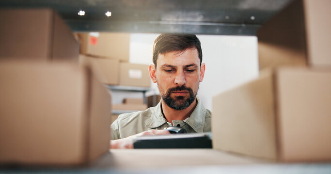 Logistics, inspection or supplier at shelf with tablet, order track or inventory management in shipping. Supply chain, cargo or man with tech, stock control or package checklist in storage room.