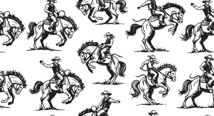 Vintage illustration of cowboys riding horses in various dynamic poses Vector