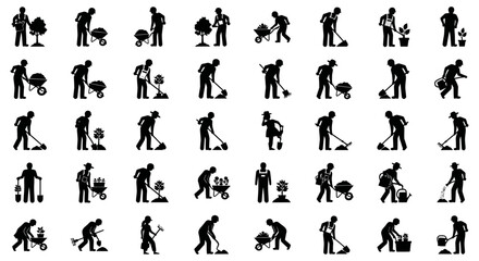 Naklejka premium black silhouette icons of people gardening planting digging raking watering using tools and wheelbarrows illustrating agriculture.