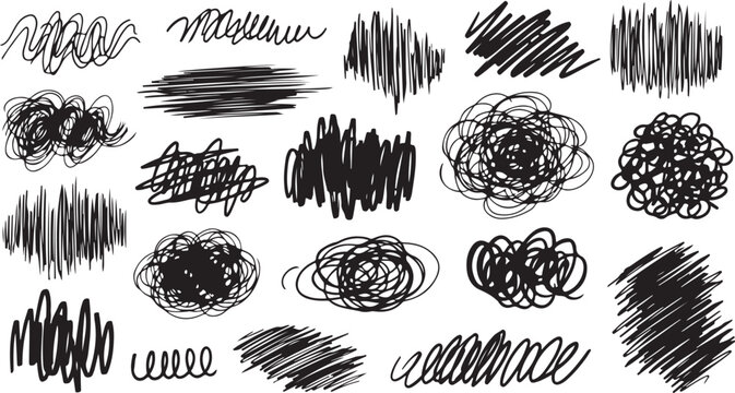A collection of various abstract scribbles and doodles in black and white Vector