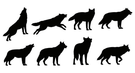 black wolf silhouettes howling running standing and walking isolated perfect for wildlife nature and animal vector art illustration