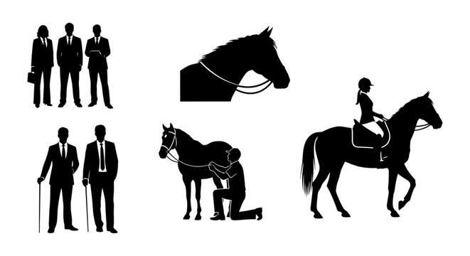 black vector silhouettes collection of diverse business people and equestrian themes featuring corporate figures horses and riders.