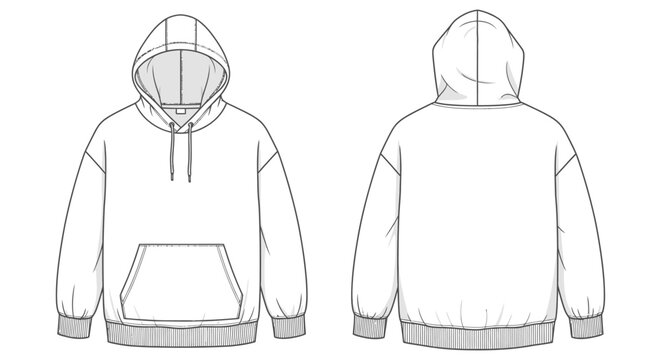 blank oversized white hoodie technical flat sketch front and back views kangaroo pocket drawstrings ribbed details for apparel design.