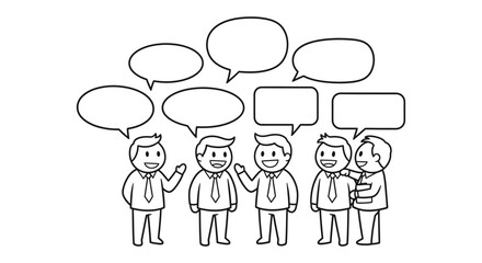 cartoon businessmen communicate and collaborate in a team meeting speech bubbles for business discussion and teamwork strategy.