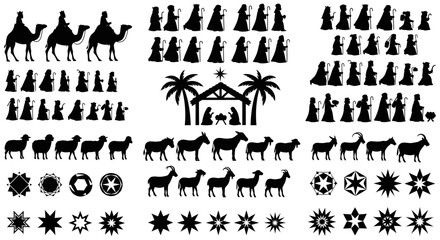 classic christmas nativity scene silhouettes with wise men shepherds camels animals and stars for holiday religious designs.