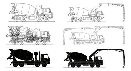 Obraz premium concrete mixer pump truck blueprint wireframe silhouette vector illustrations for heavy construction engineering design.