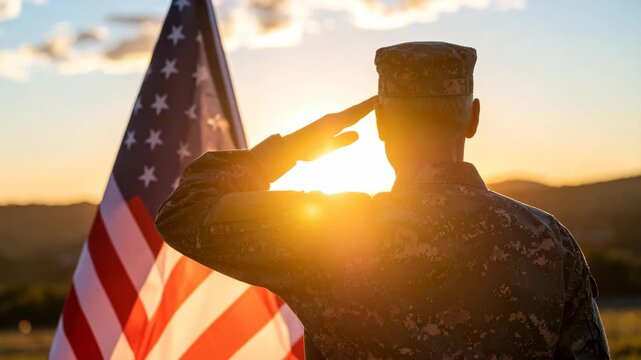 Soldier in camouflage uniform salutes near an American flag at sunset with sun flares