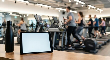 Fototapeta premium Tablet mockup on gym check-in desk with blurred fitness center