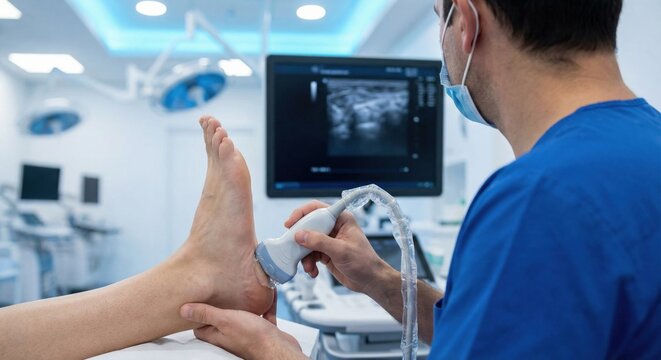 Podiatrist using ultrasound probe on patient's foot