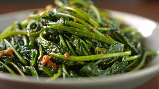 Saut ed Spinach with Garlic on White Plate