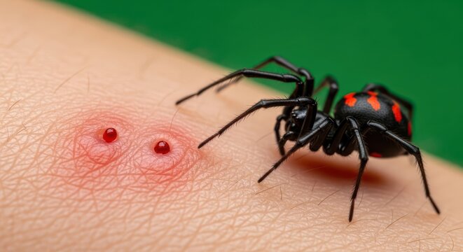 Close-up depicting a venomous black widow spider bite on human skin illustrating health consequences