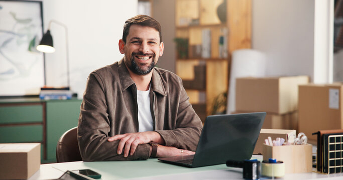Portrait, smile and man in office for ecommerce, procurement startup and laptop in small business. Computer, shipping and happy person at work for distribution, logistics and confident entrepreneur