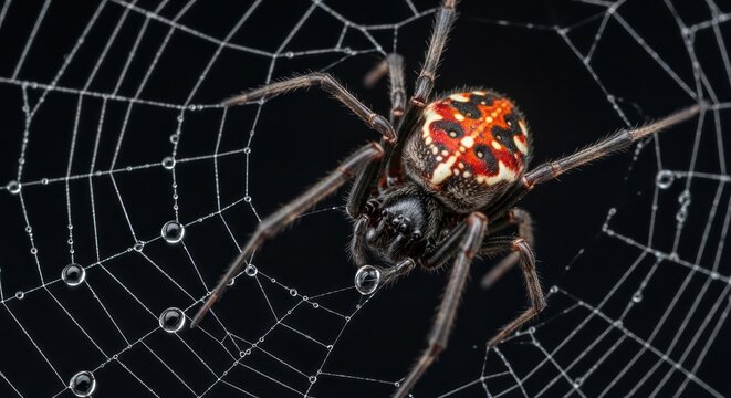 Eerie close-up of a redback spider perched on its intricate dew-kissed web under the gloom
