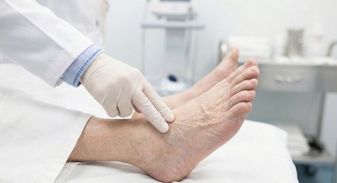 Doctor checking pedal pulse on elderly patient's foot