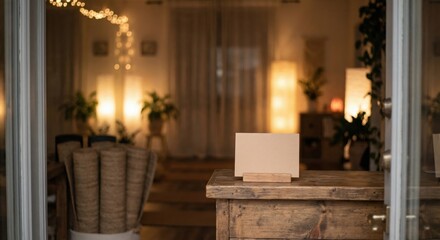 Fototapeta premium Blank mockup card on front desk of cozy yoga studio