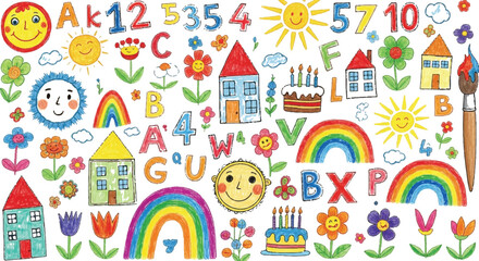 A vibrant and colorful illustration of various educational elements and symbols Vector © Rana